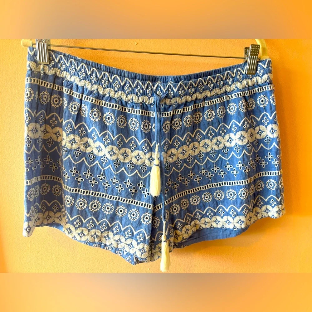 Love Sam Blue and White Embroidered Shorts fully lined in size large.